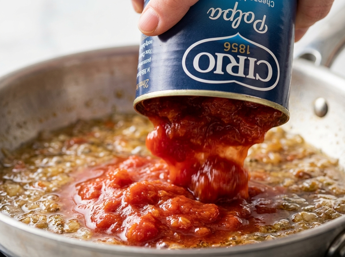 Una lata de tomates triturados vertiéndose en una sartén con los jugos de cocción a fuego lento.