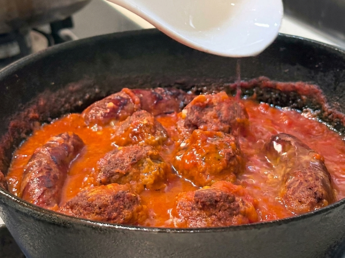 Una cuchara blanca vertiendo agua de cocción de la pasta, turbia y con almidón, en una sartén a fuego lento con salsa de carne a base de tomate.