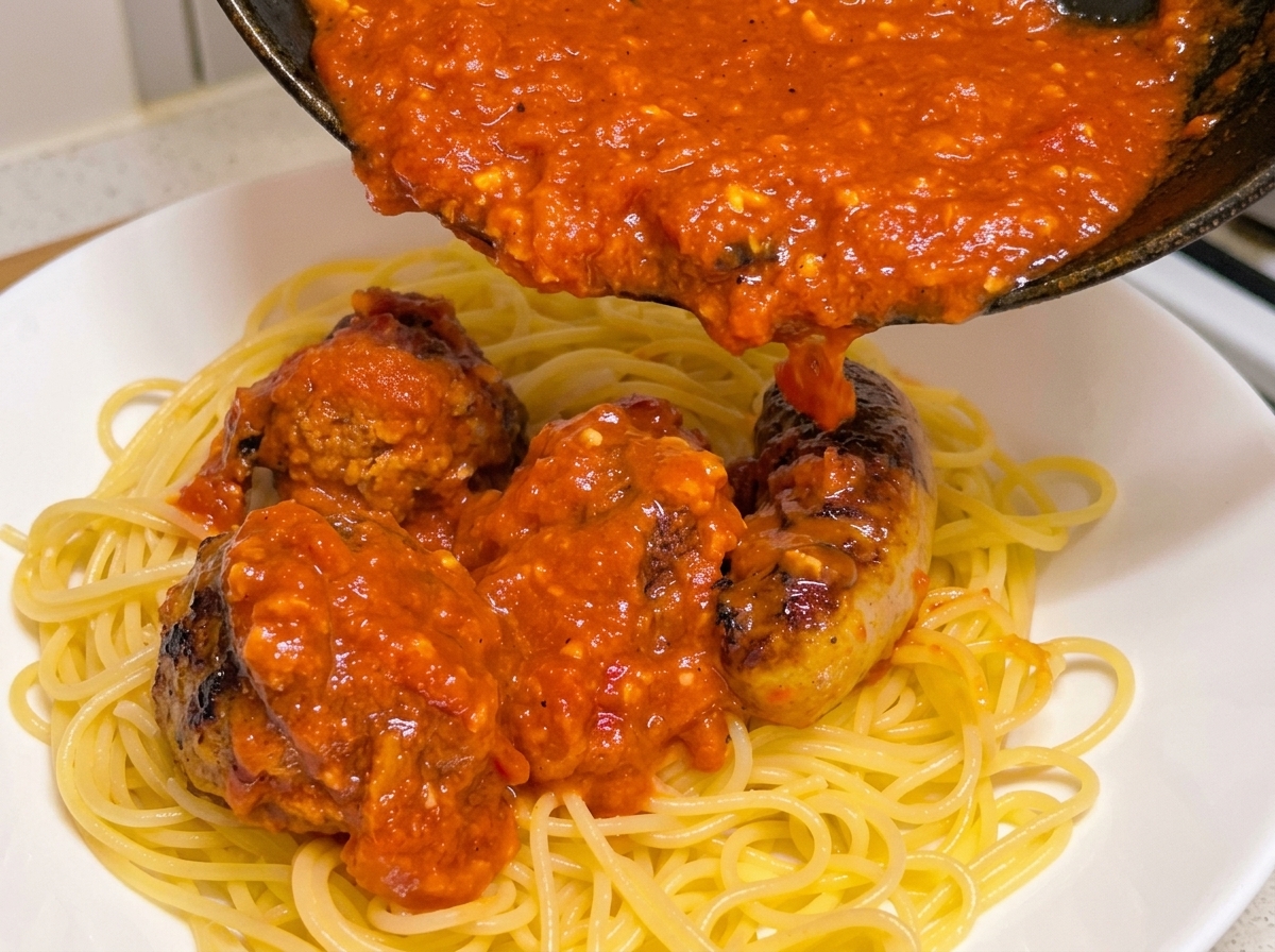 Una sartén llena de salsa de tomate, albóndigas y salchichas vertiéndose sobre una cama de espaguetis cocidos en un bol blanco.