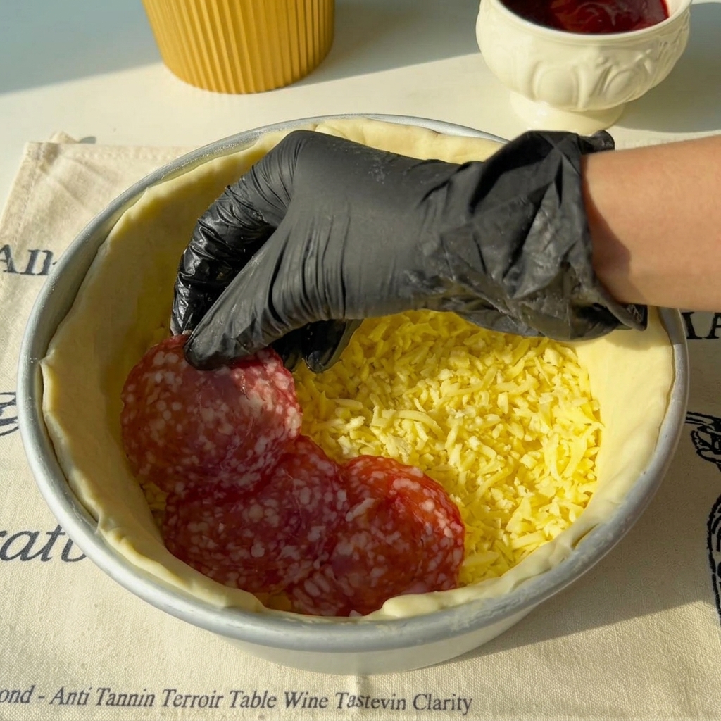Rodajas de salami dispuestas sobre el queso rallado dentro del molde.