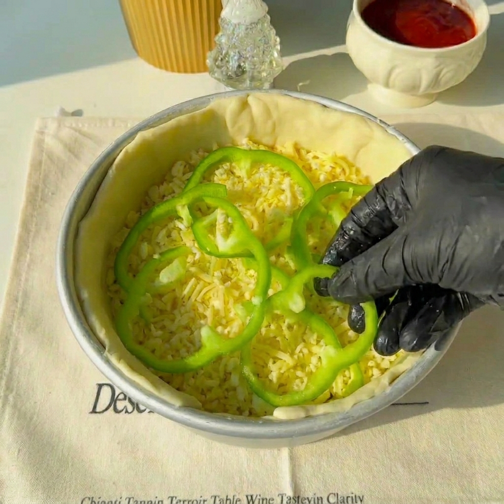 Aros de pimiento verde siendo colocados sobre las capas de carne.