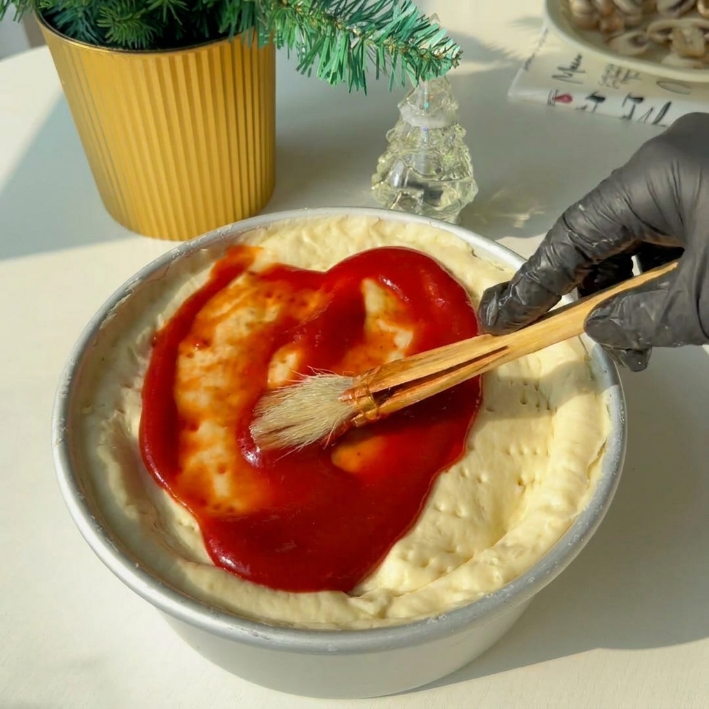 Salsa de tomate roja siendo aplicada sobre la masa superior con un pincel de cocina.