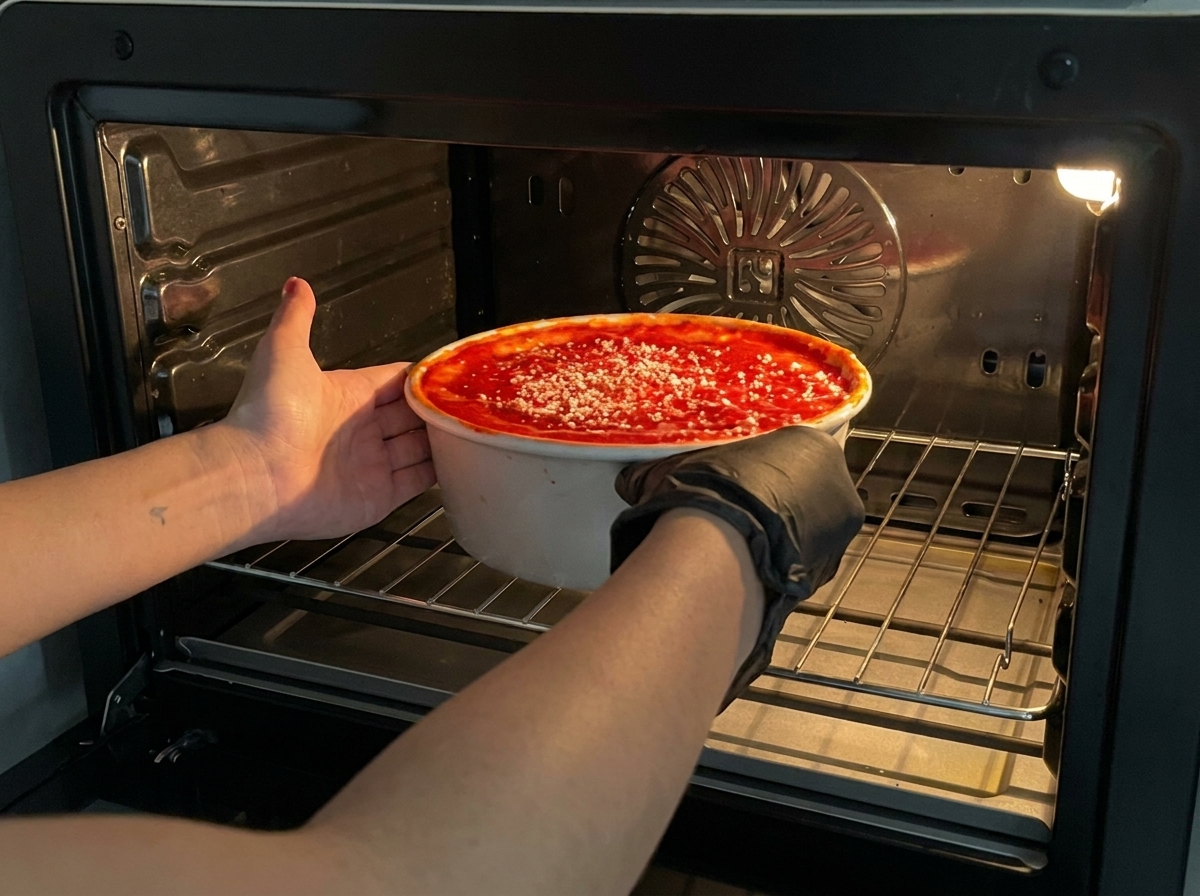 Molde de pizza deep dish siendo introducido con cuidado en el horno.