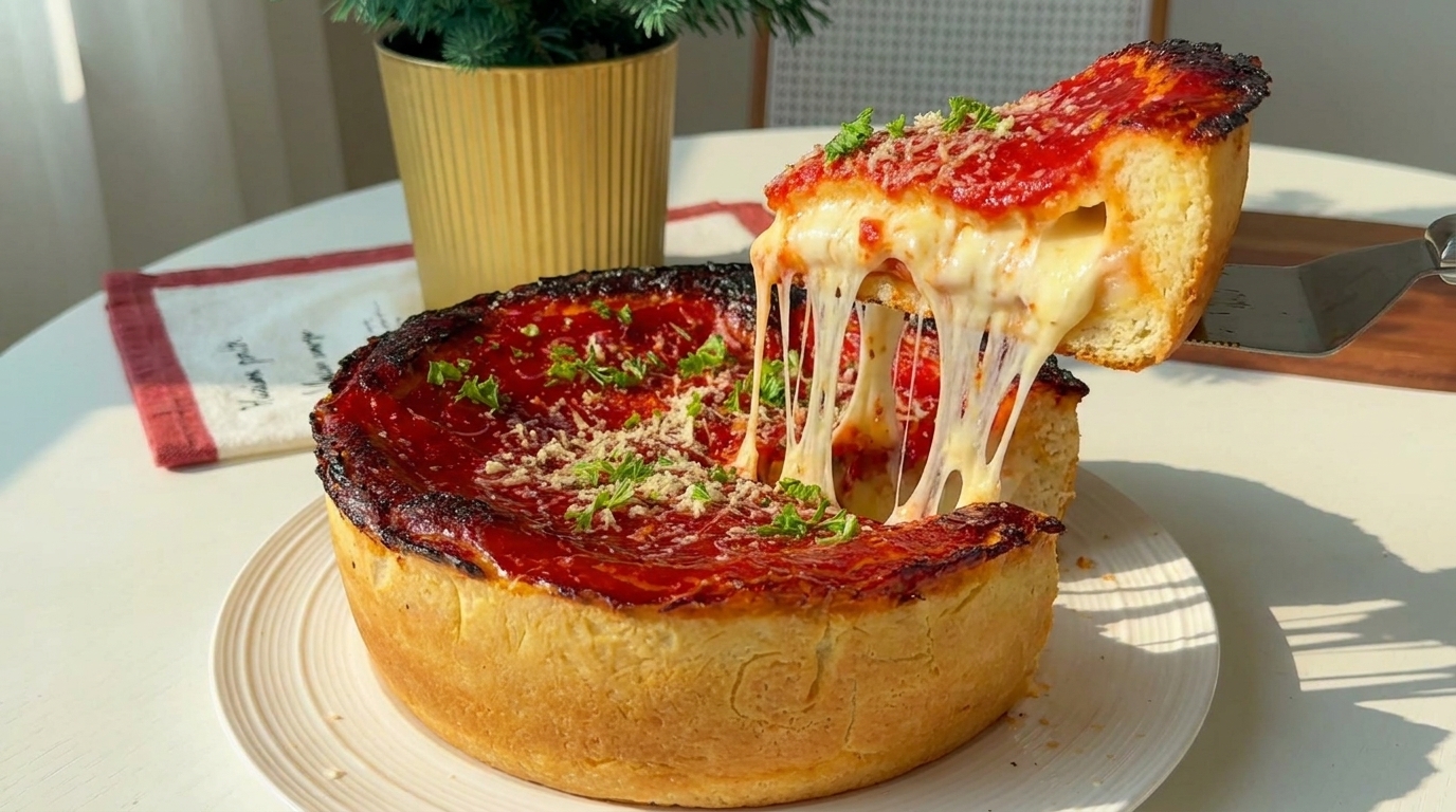 Una pizza deep dish al estilo Chicago recién horneada, con un borde dorado y una abundante capa de salsa de tomate roja.