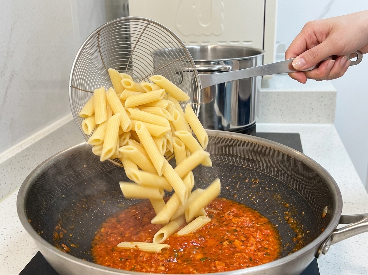 Pasta penne cocida siendo transferida desde un colador a la sartén con salsa.