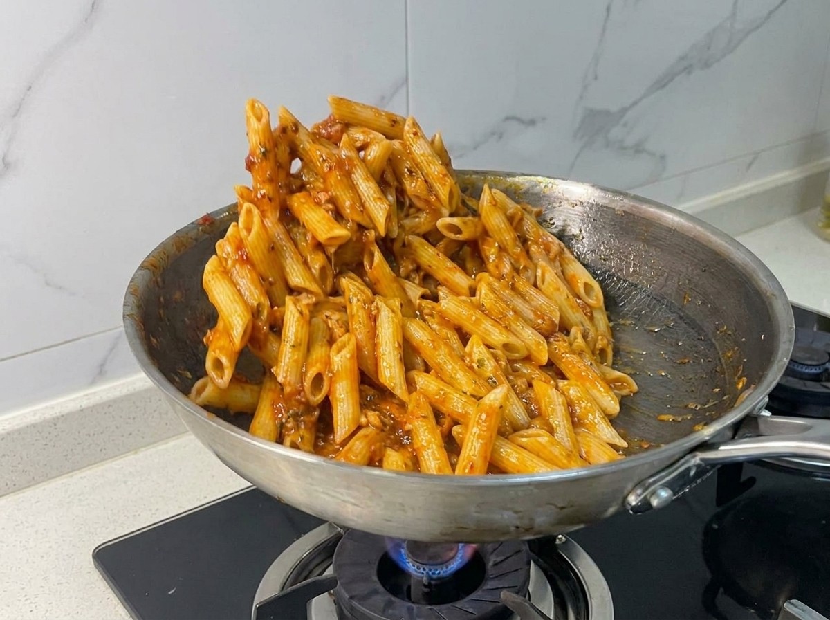 Penne siendo mezclados en la sartén para cubrir con la salsa.