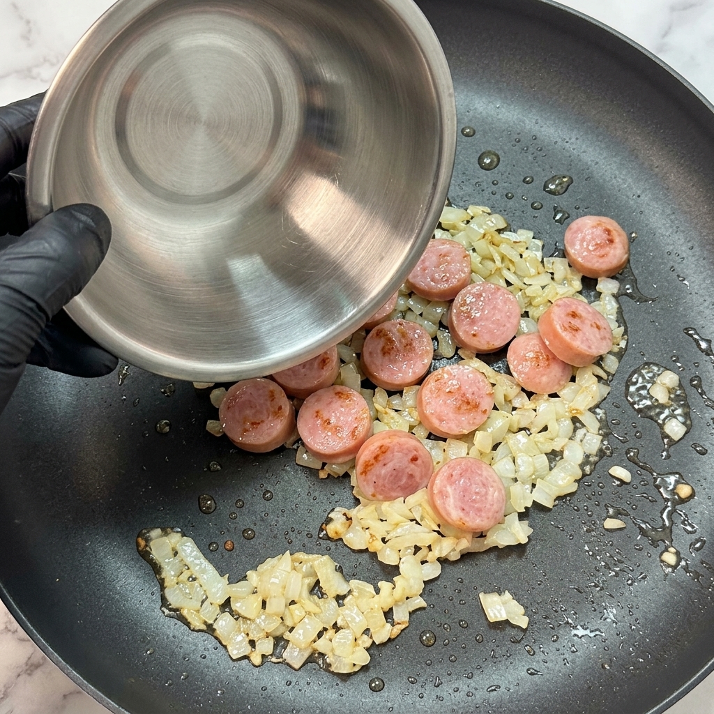 Rodajas de salchicha cayendo desde un bol de metal hacia una sartén con el sofrito de aromáticos.