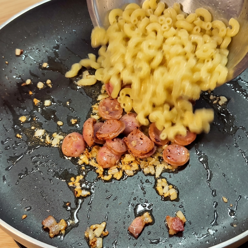 Macarrones cocidos siendo vertidos en una sartén con rodajas de salchicha frita, aromáticos y salsa picante.