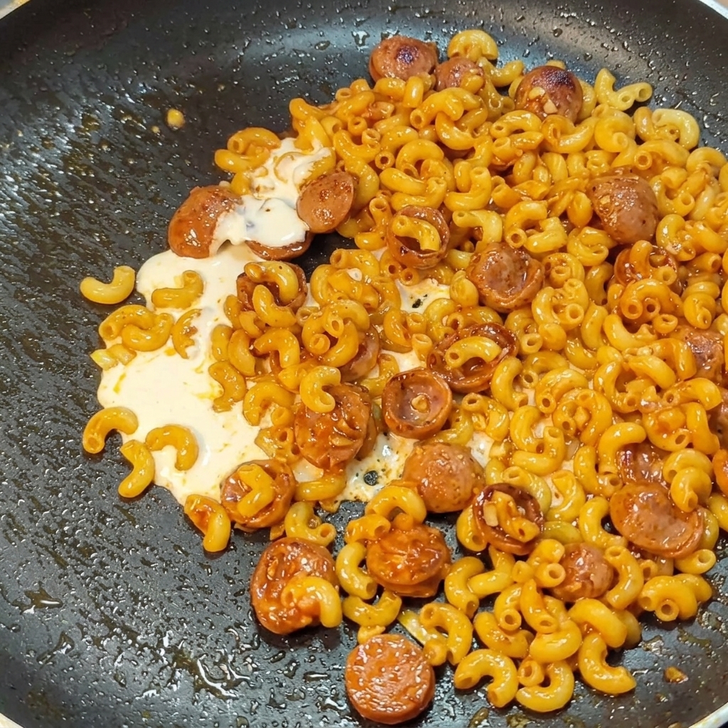 Crema de leche vertiéndose en una sartén llena de macarrones y salchichas en rodajas.