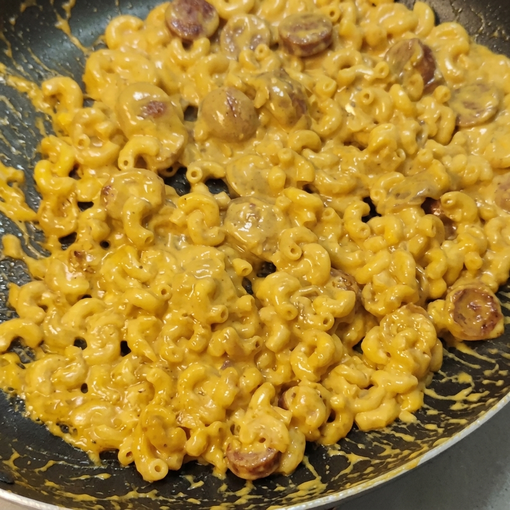 Mezcla de macarrones y salchicha cremosa siendo removida en una sartén mientras la salsa espesa.