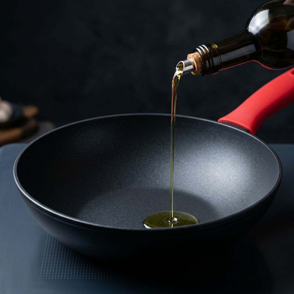 Aceite de oliva vertido en una sartén precalentada vacía.