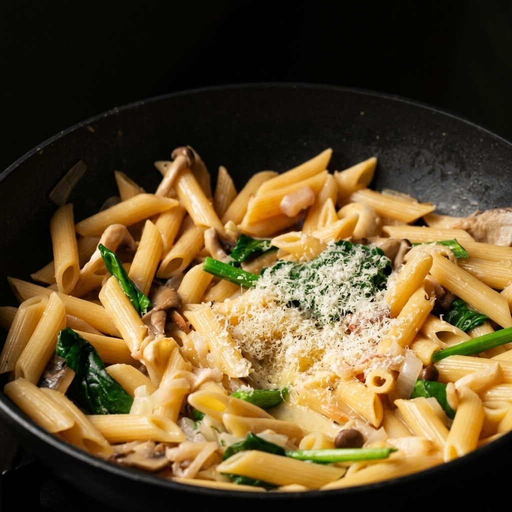 Una montaña generosa de queso parmesano rallado y pizcas de pimienta negra descansando sobre penne cremoso con champiñones y espinacas en una sartén negra.