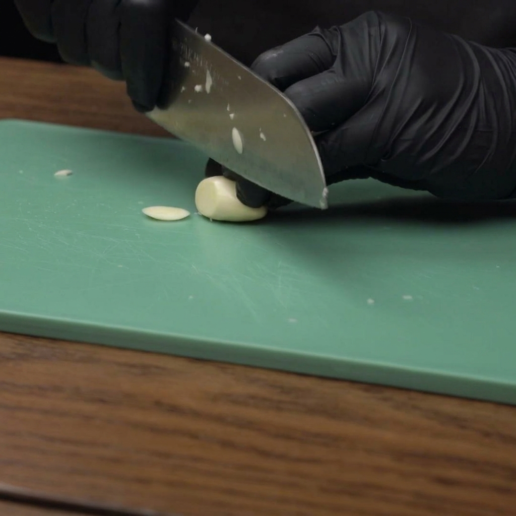Manos con guantes negros cortando un diente de ajo sobre una tabla de cortar verde.