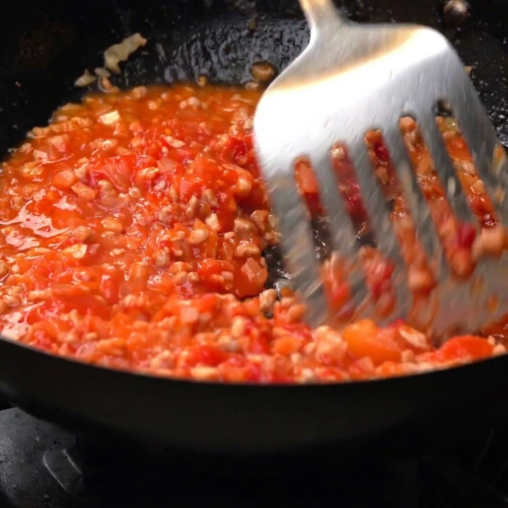 Una espátula de metal removiendo una salsa de tomate y carne burbujeante en una sartén oscura.