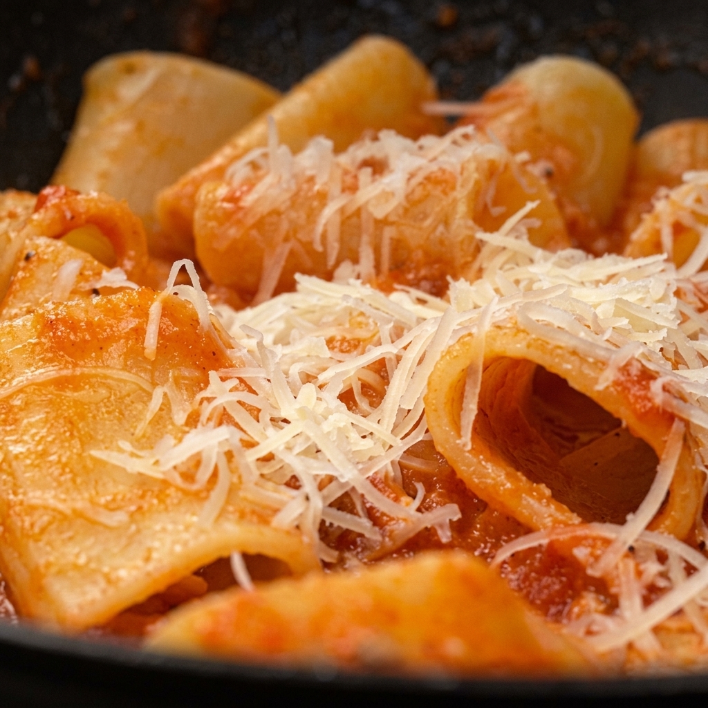 Primer plano de queso rallado siendo espolvoreado sobre una sartén de pasta paccheri con salsa de tomate.