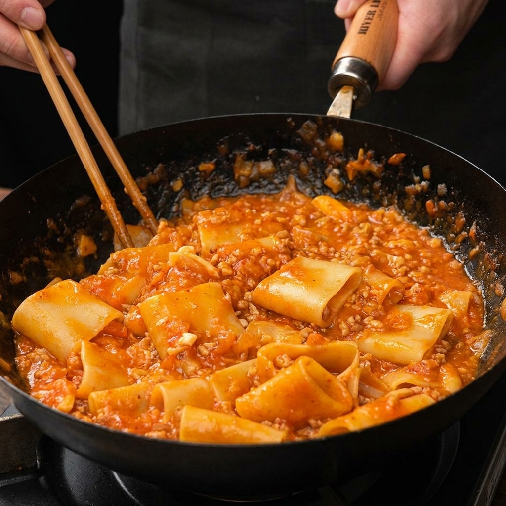 Mezclando pasta paccheri cocida con una salsa de carne y tomate en una sartén usando palillos de madera.