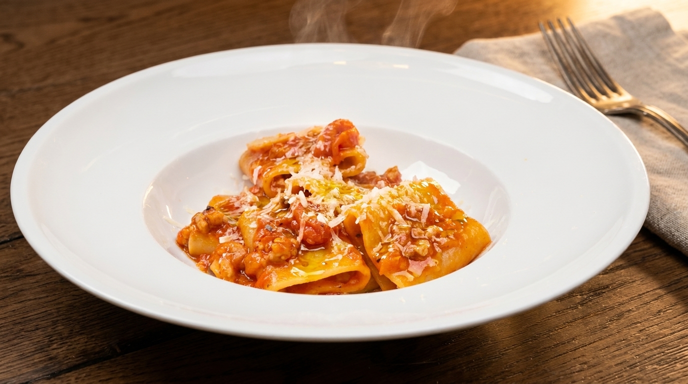Paccheri Clásico con Salsa de Carne y Tomate