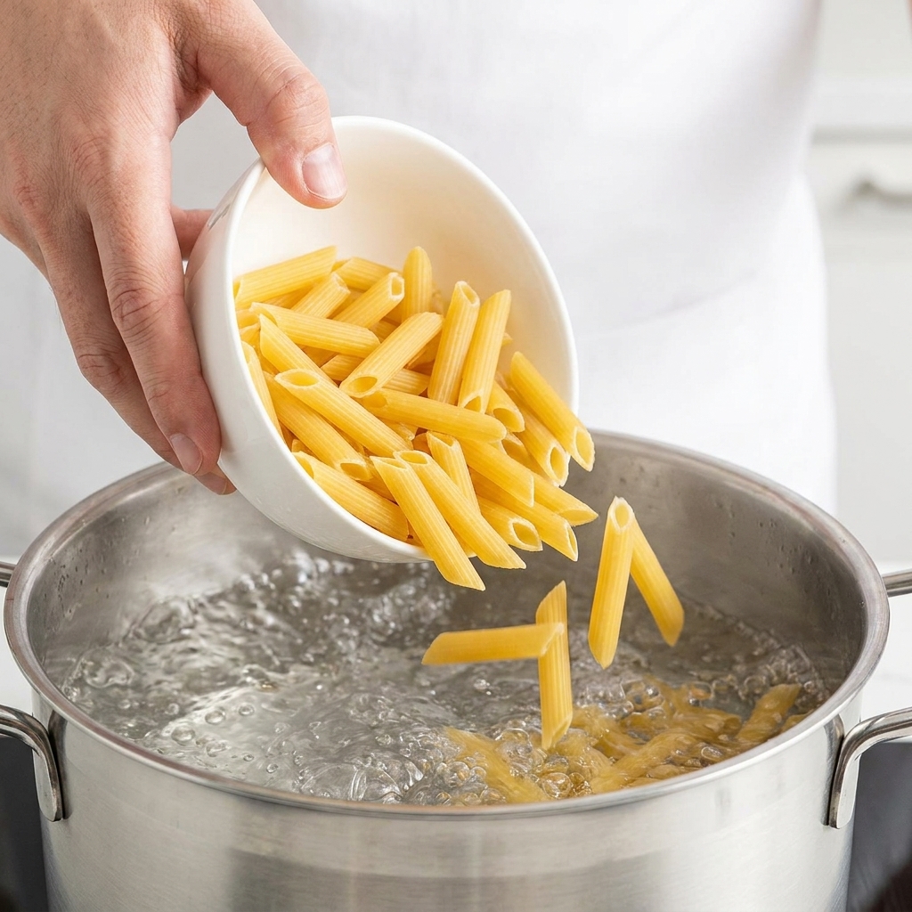 Penne cocidos mezclados en una sartén con salsa cremosa de champiñones y parmesano.