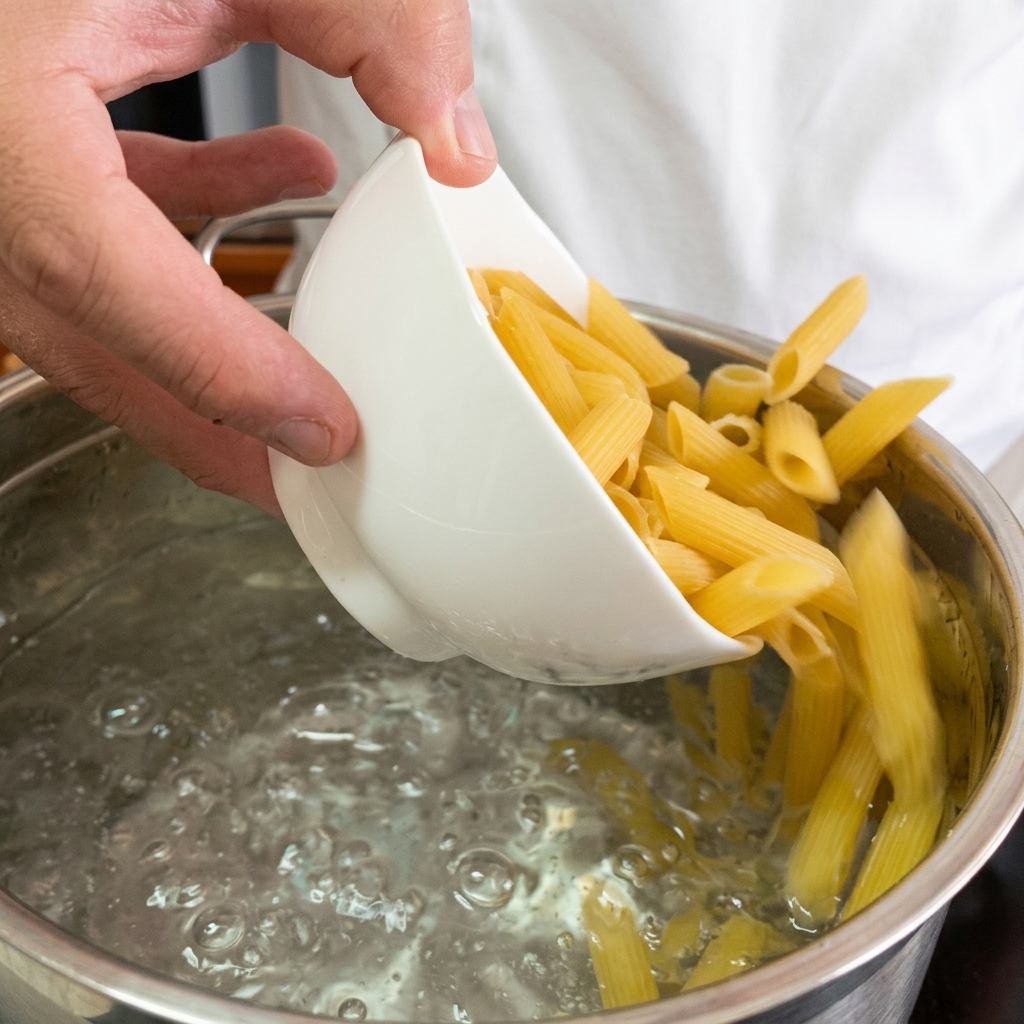 Penne mezclándose en una salsa cremosa de champiñones con parmesano rallado.