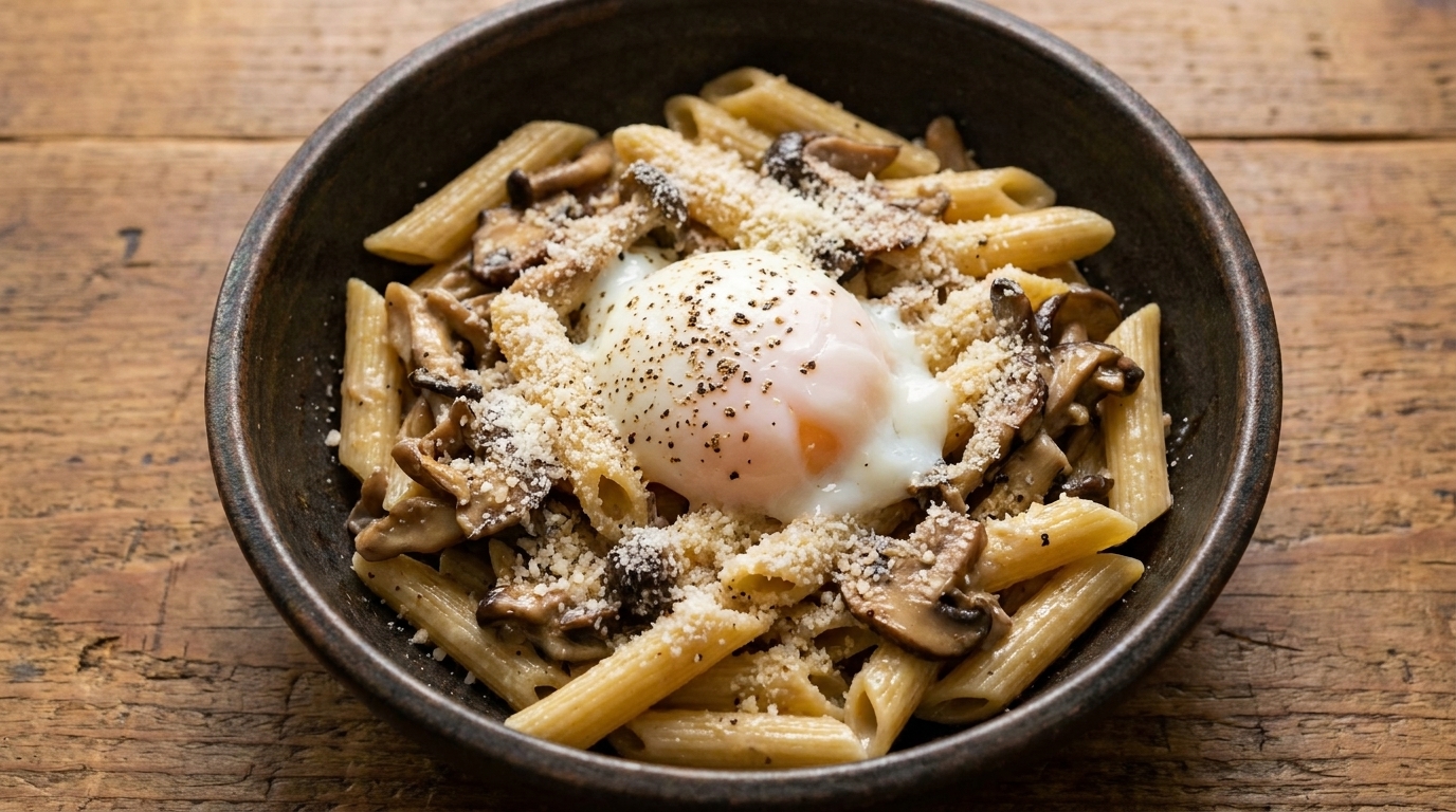 Penne Cremoso con Champiñones y Huevo Onsen
