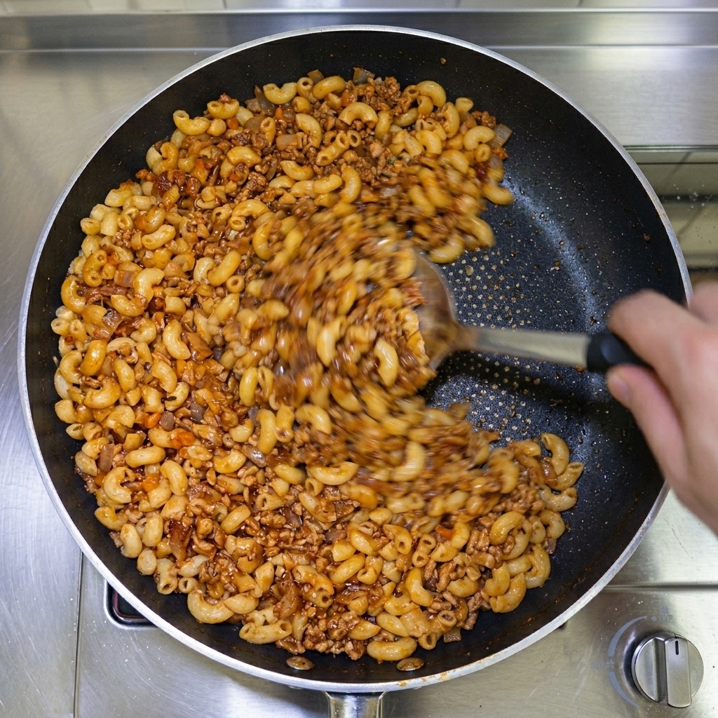 Mezcla de macarrones y vegetales siendo salteada y cubierta con salsa de pimienta negra oscura en una sartén.