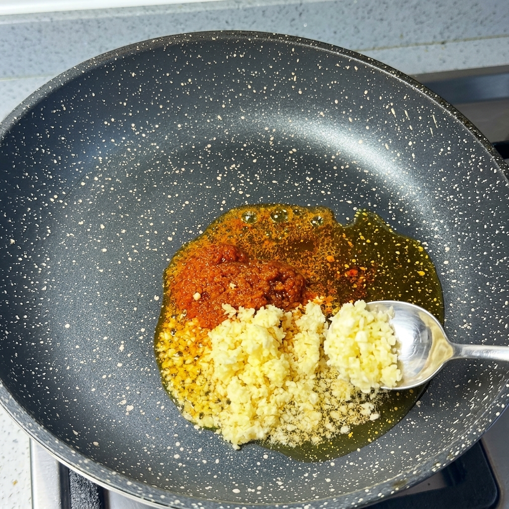 Una cucharada de ajo picado junto a pasta de chile cocinándose en aceite caliente en una sartén.