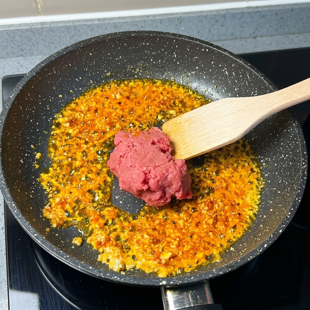 Carne de cerdo picada sobre una espátula de madera añadiéndose a una sartén con aceite especiado.
