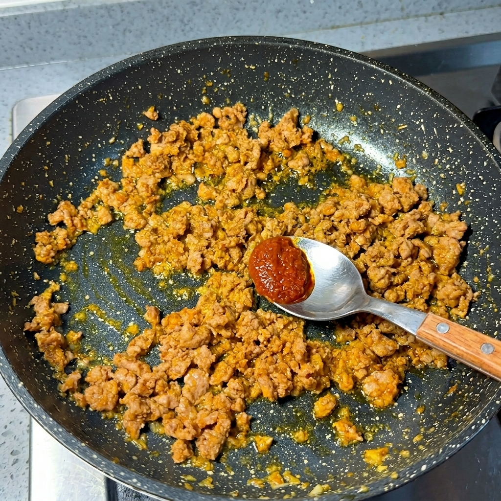 Una cuchara metálica sosteniendo una porción de pasta de miso rojo sobre la carne cocinada.