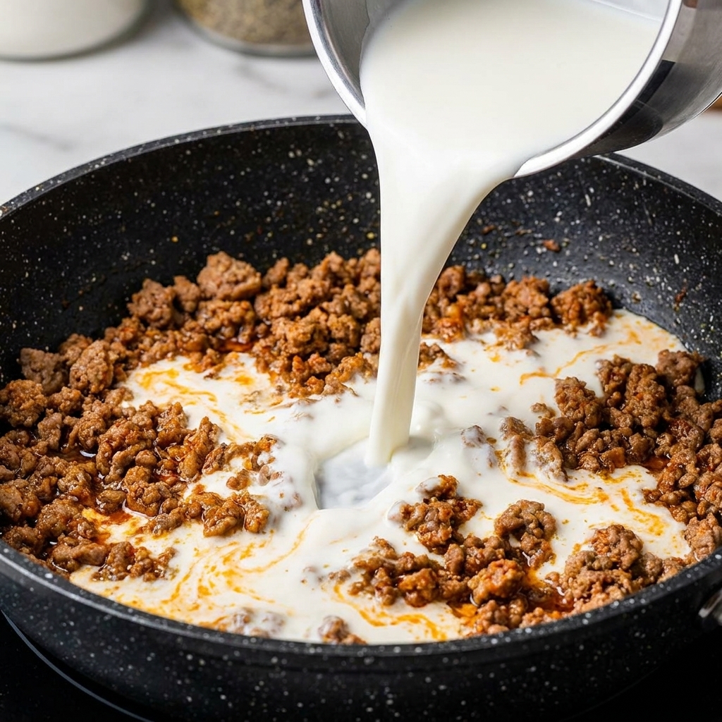 Leche blanca vertiéndose desde un recipiente plateado hacia la sartén con la carne sazonada.