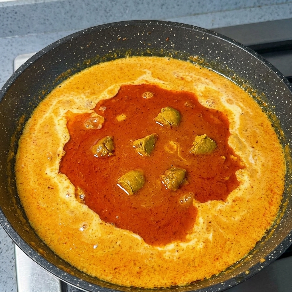 Trozos de curry japonés derritiéndose en un caldo cremoso naranja dentro de una sartén.