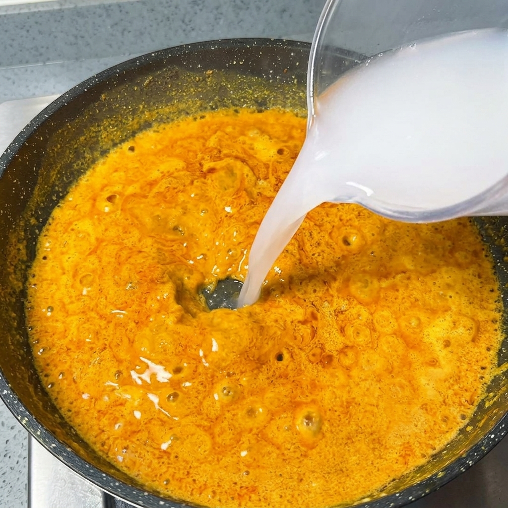 Agua vertiéndose desde un vaso medidor hacia una salsa de curry burbujeante en una sartén antiadherente.