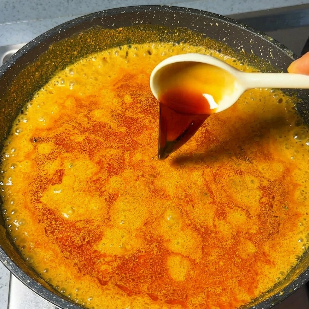 Una cuchara vertiendo salsa de soja oscura en un caldo de curry naranja y vibrante.