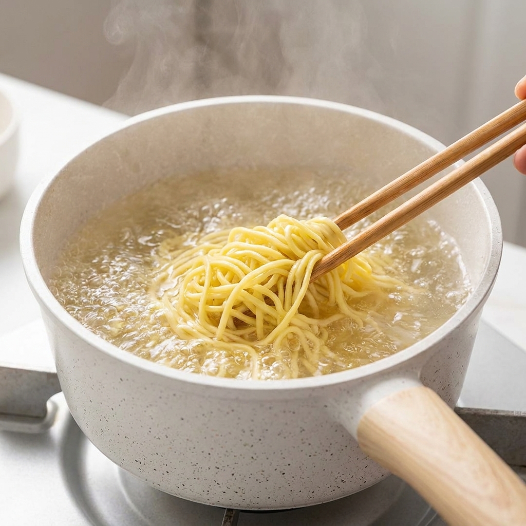 Fideos ramen amarillos siendo levantados con palillos dentro de una olla con agua hirviendo.