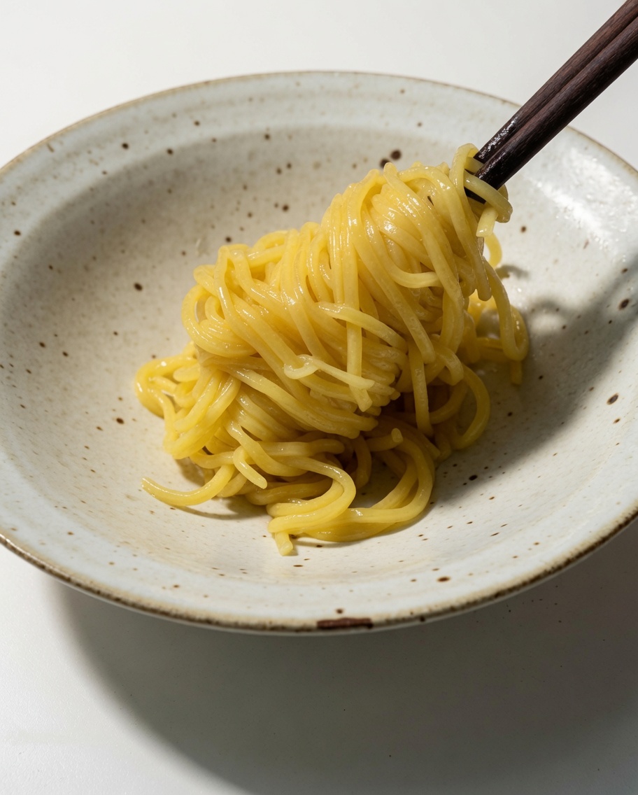 Fideos ramen cocidos siendo colocados en un cuenco de cerámica moteada con palillos oscuros.