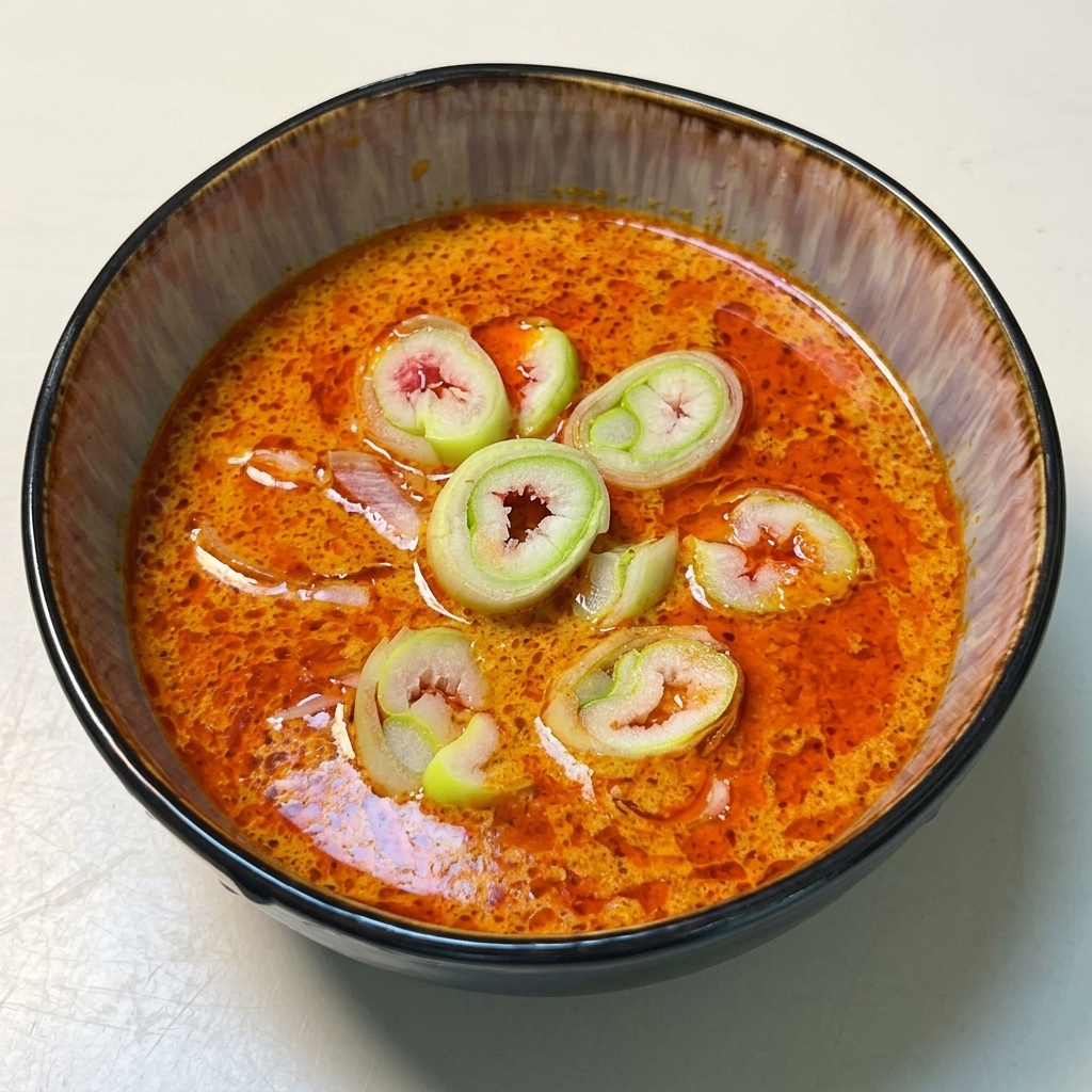 Un cuenco con salsa de curry naranja-marrón, decorado con un grupo de cebollino recién picado.