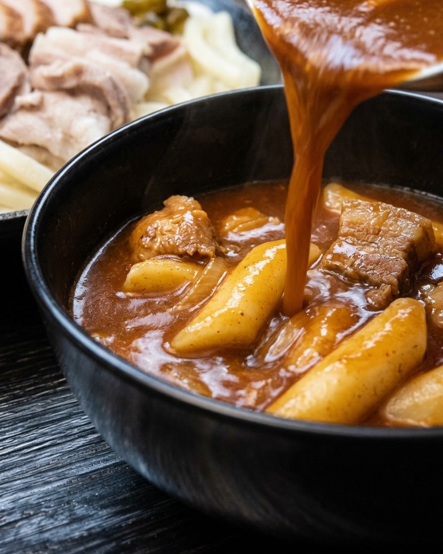 Salsa de curry caliente para mojar siendo vertida en un bol negro.