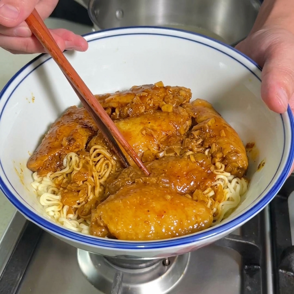 Primer plano de alitas de pollo cocinándose en una espesa salsa de curry mientras se remueven con unos palillos.