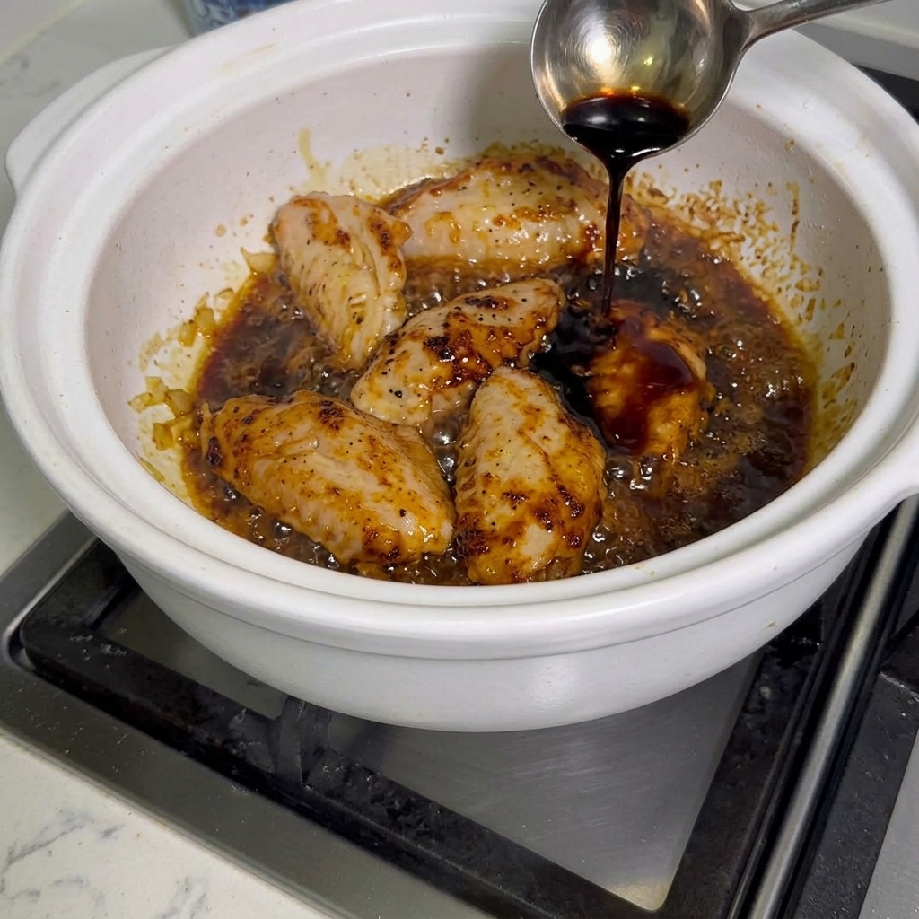 Salsa de soja vertiéndose en la olla con el pollo.