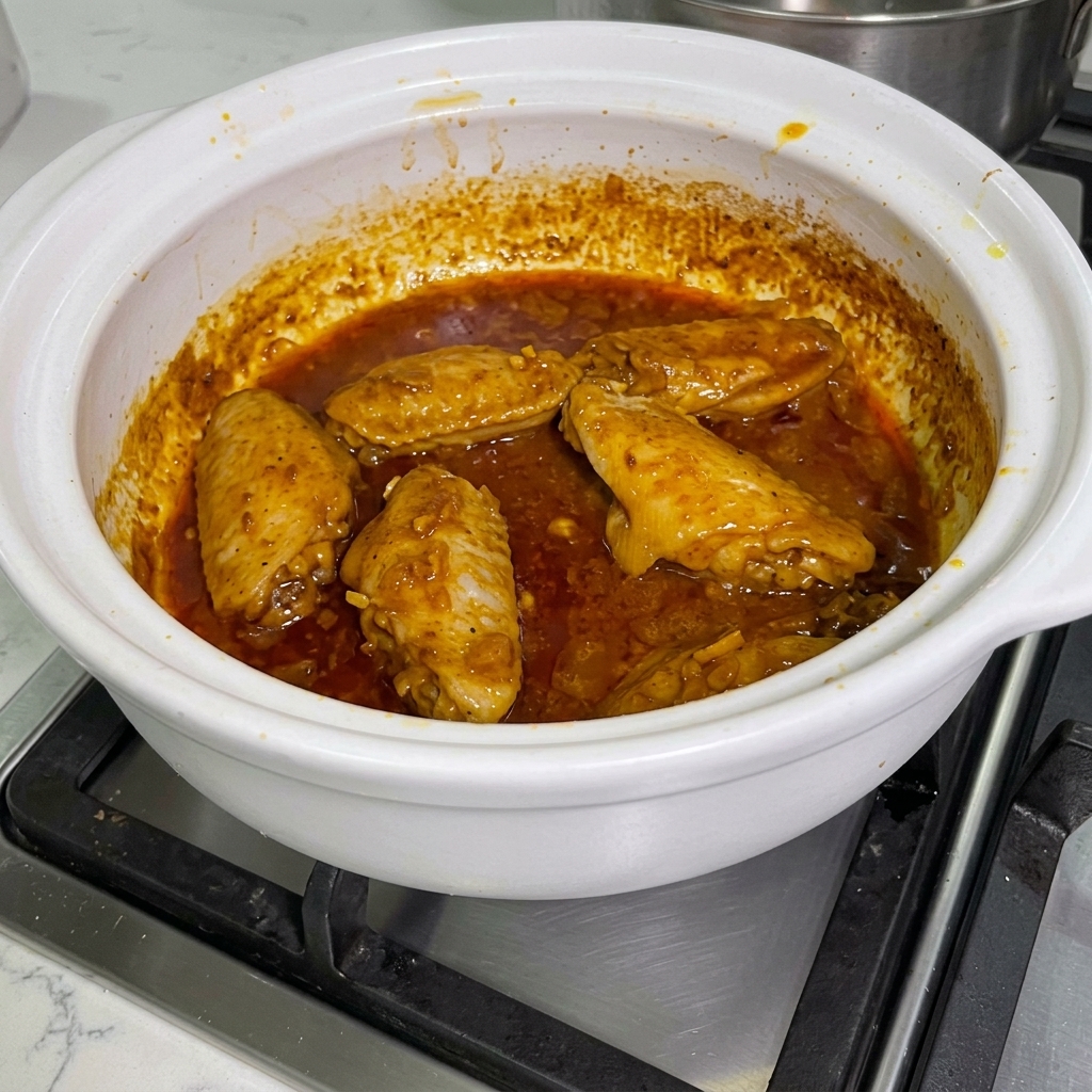 Salsa satay mezclándose con las alitas de pollo cubiertas de curry en la olla de barro.