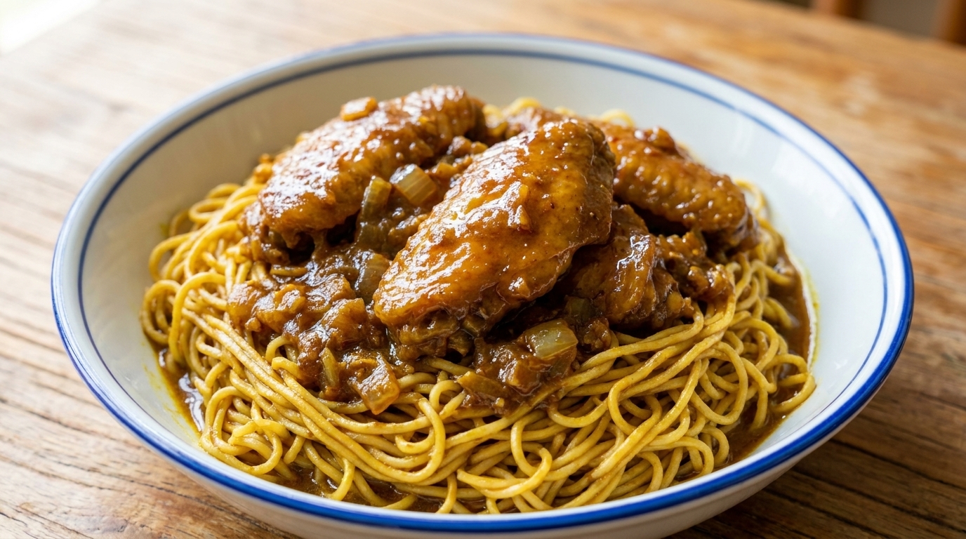 Lo Mein de Alitas de Pollo al Curry Estilo Macao