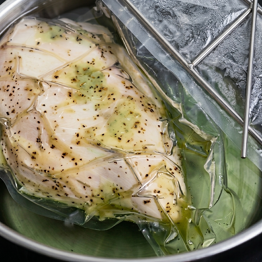 Una olla grande llena de caldo de pollo hirviendo, con partes de pollo entero y aromáticos siendo removidos.