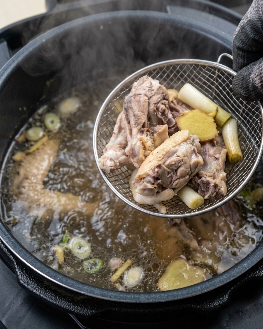 Espumadera con pollo escaldado sobre una olla de agua hirviendo