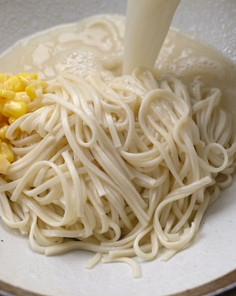Caldo de pollo cremoso vertido sobre un bol de fideos ramen con maíz dulce