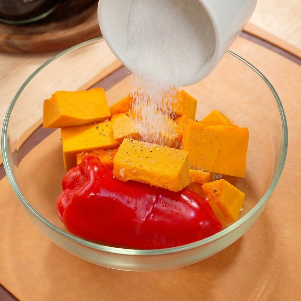 Dados de calabaza y un pimiento rojo entero en un bol de cristal, siendo sazonados y rociados con aceite de oliva.