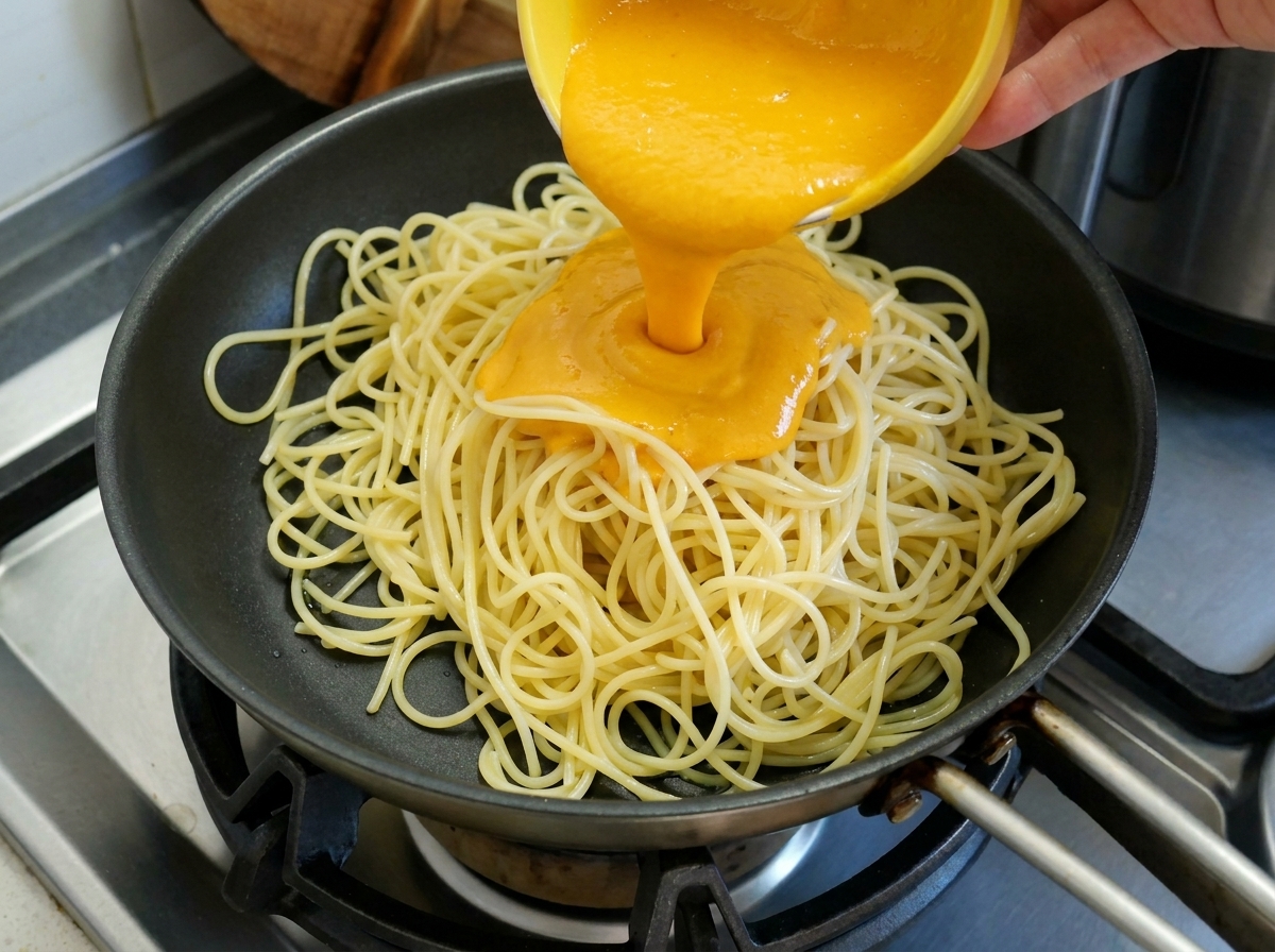 Salsa de calabaza suave de color naranja brillante siendo vertida desde un bol amarillo sobre los espaguetis cocidos en una sartén negra.