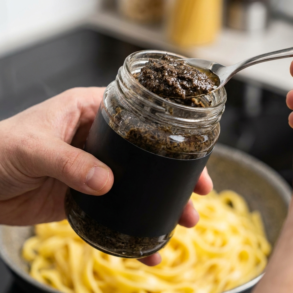 Una mano sosteniendo un tarro y una cuchara con salsa de trufa negra sobre una sartén con pasta cremosa de calabaza.