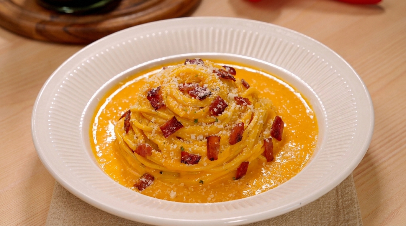 Pasta Cremosa de Calabaza Asada con Bacon Crujiente