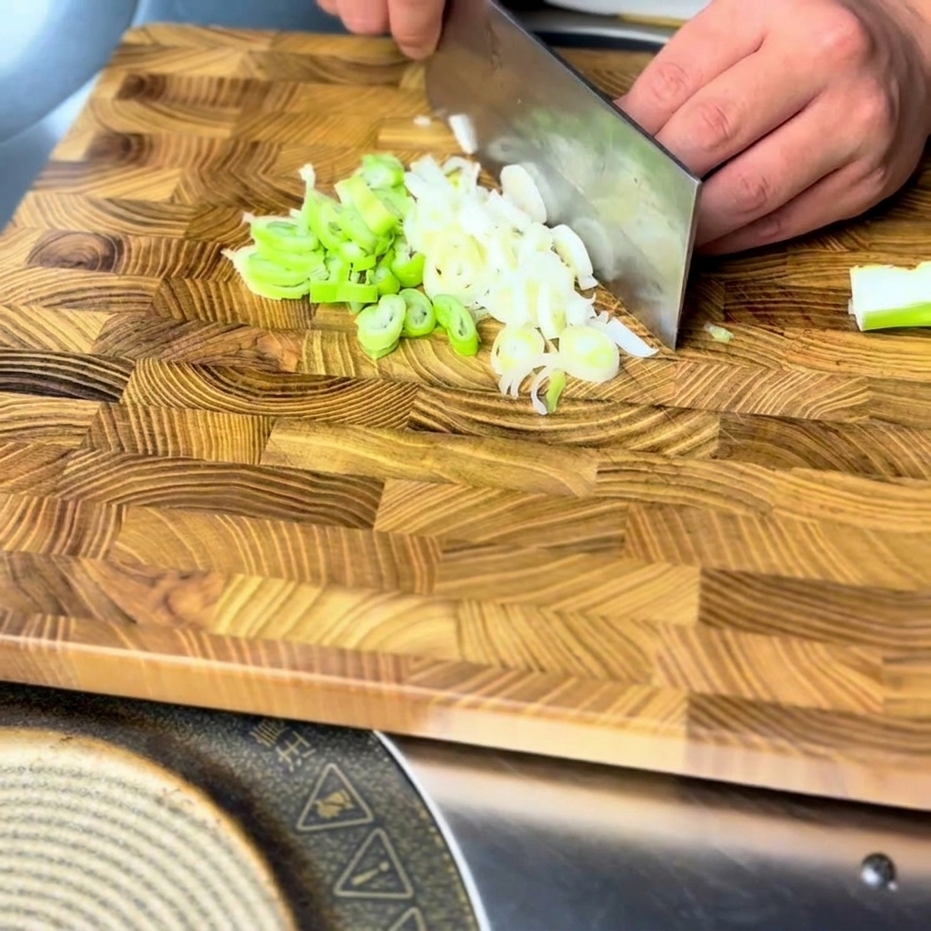 Trozos del tamaño de un bocado de carne cruda Angus dispuestos sobre una tabla de cortar.