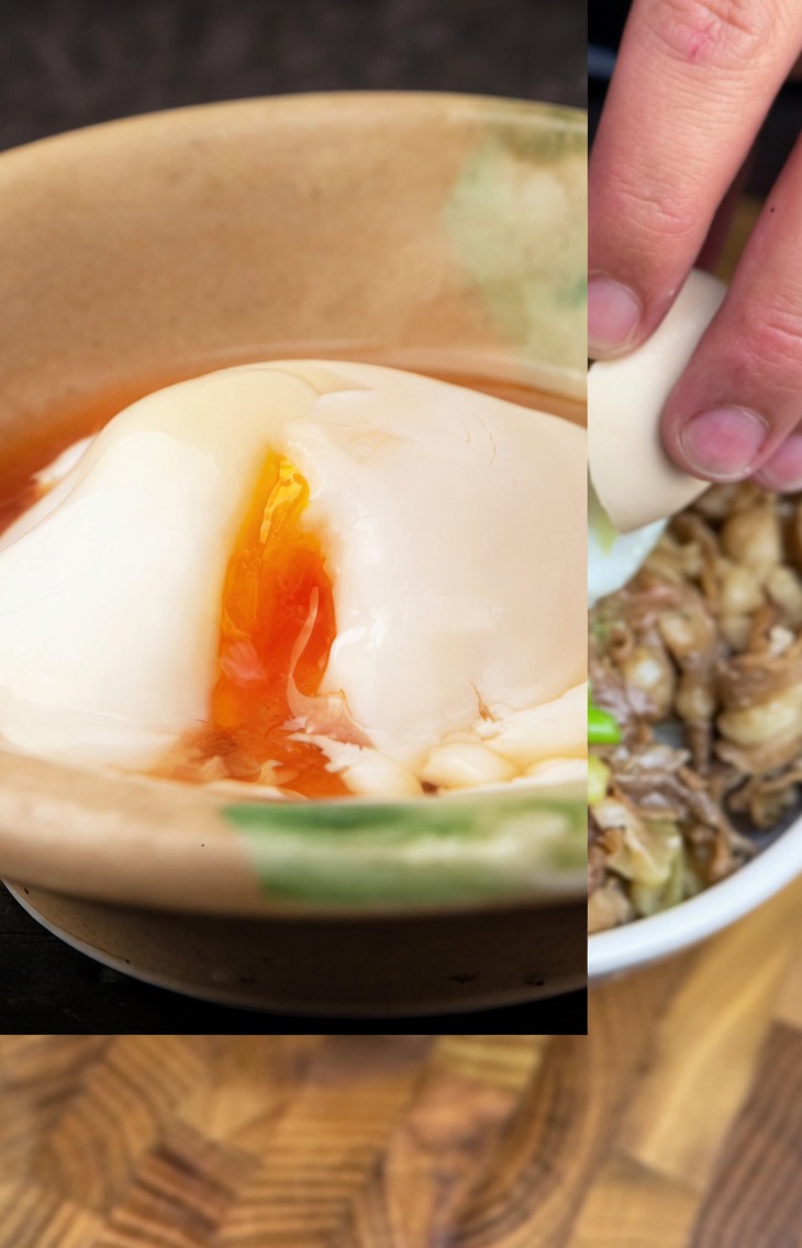 Un huevo onsen perfectamente cocido que se añade al centro de un tazón caliente de ternera y cebolleta.