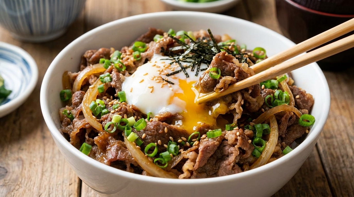 Gyudon Rápido de Ternera con Cebolleta